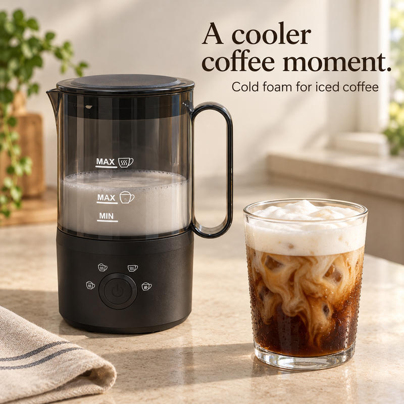 Black milk frother with milk foam beside an iced coffee topped with cold foam