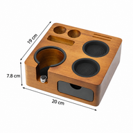 Dimensions of the Yozcoffee compact espresso tamping station: 20 by 19 by 7.8 cm