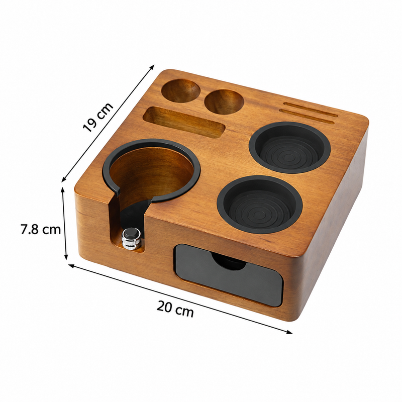 Dimensions of the Yozcoffee compact espresso tamping station: 20 by 19 by 7.8 cm