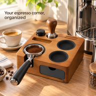 Yozcoffee compact espresso tamping station on a home coffee counter; tools shown for illustration