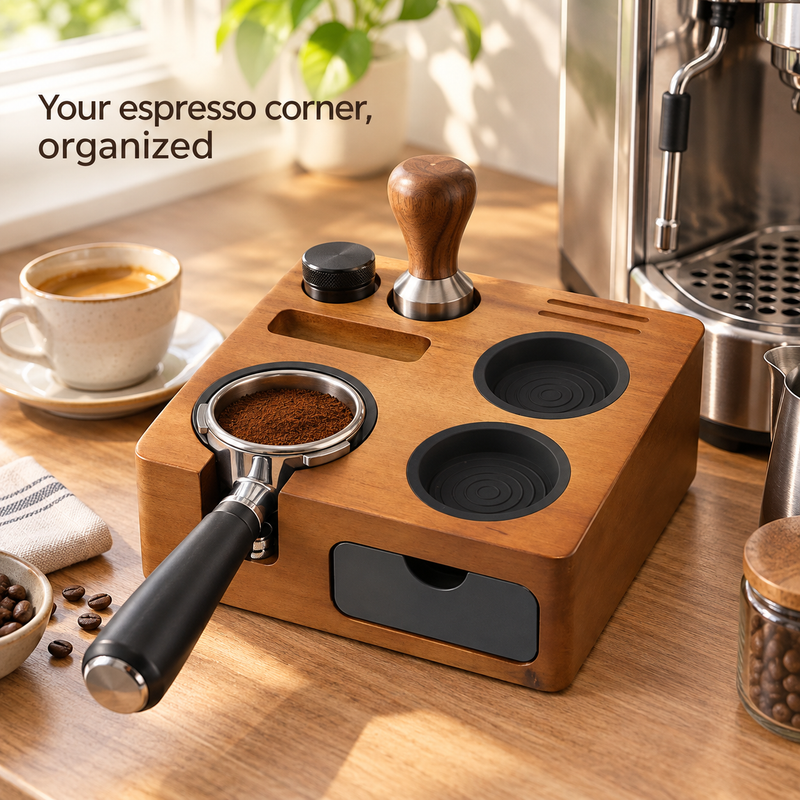 Yozcoffee compact espresso tamping station on a home coffee counter; tools shown for illustration
