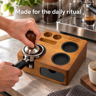 Yozcoffee compact espresso tamping station during espresso preparation; tools shown for illustration