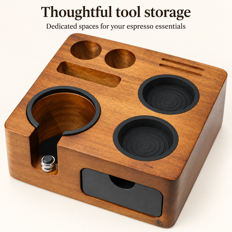 Top view of the Yozcoffee compact espresso tamping station showing tool recesses and wood-tone finish