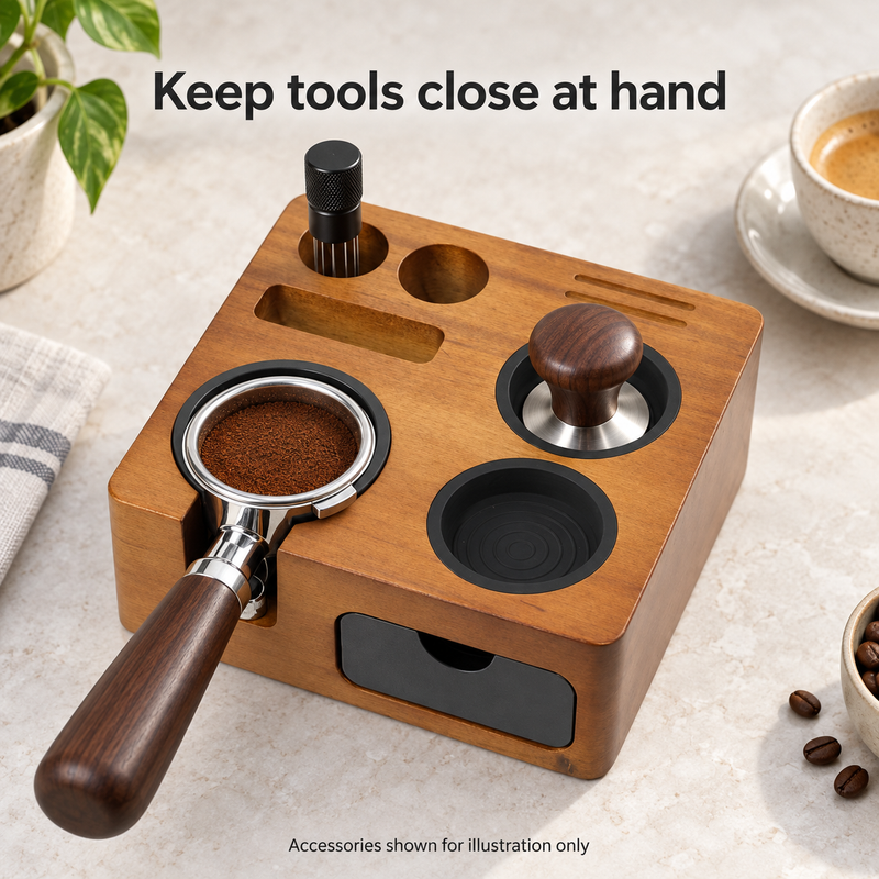 Yozcoffee compact espresso tamping station arranging espresso tools; accessories shown for illustration