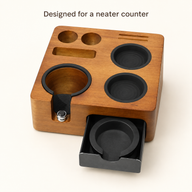 Alternate angle of the Yozcoffee compact espresso tamping station with drawer extended