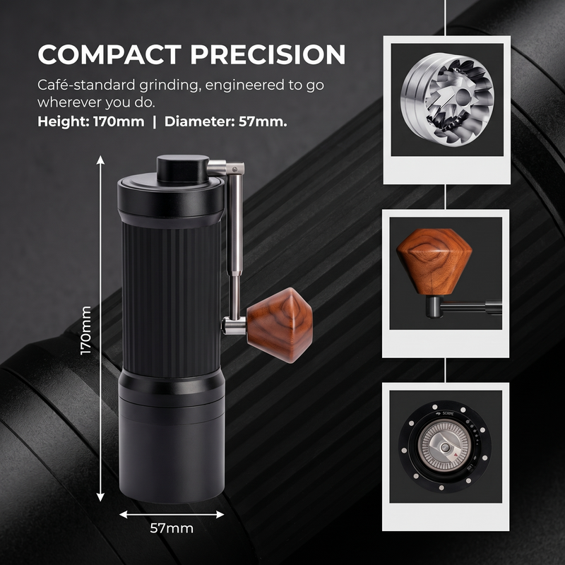Yozcoffee manual coffee grinder compact size and precision feature graphic