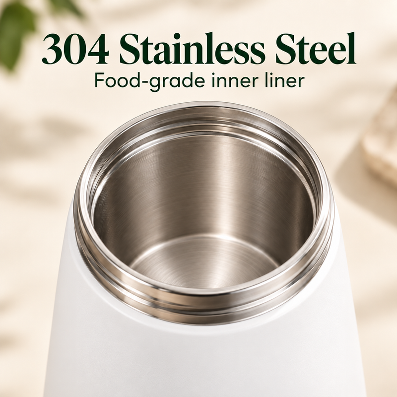 Close-up of the 304 stainless steel inner liner and threaded drinking rim