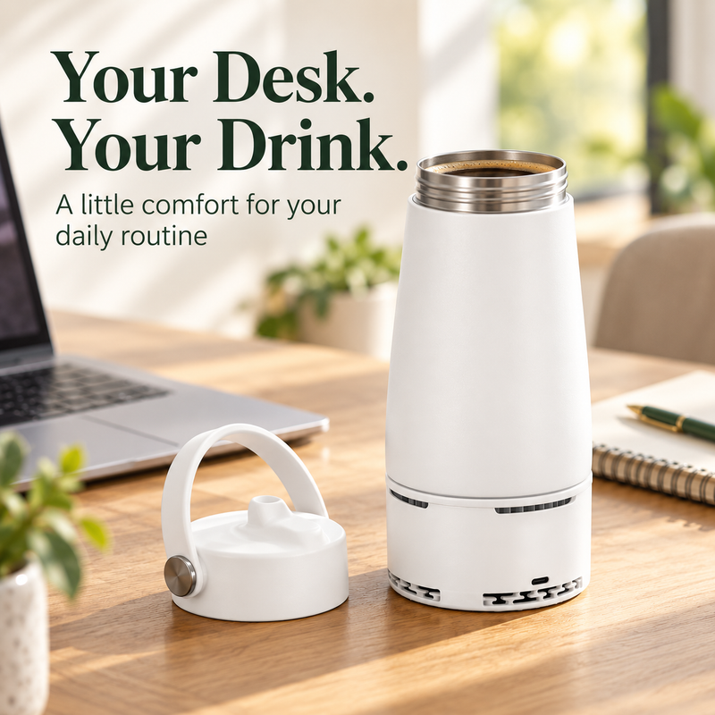 White cooling and warming cup with coffee and removable lid on an office desk