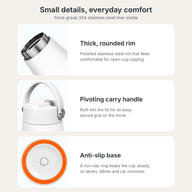 Yozcoffee cup details showing the stainless steel drinking rim, pivoting lid handle and anti-slip base ring