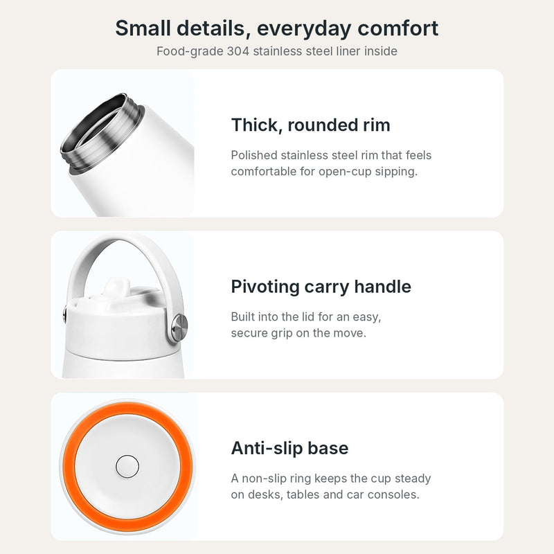 Yozcoffee cup details showing the stainless steel drinking rim, pivoting lid handle and anti-slip base ring