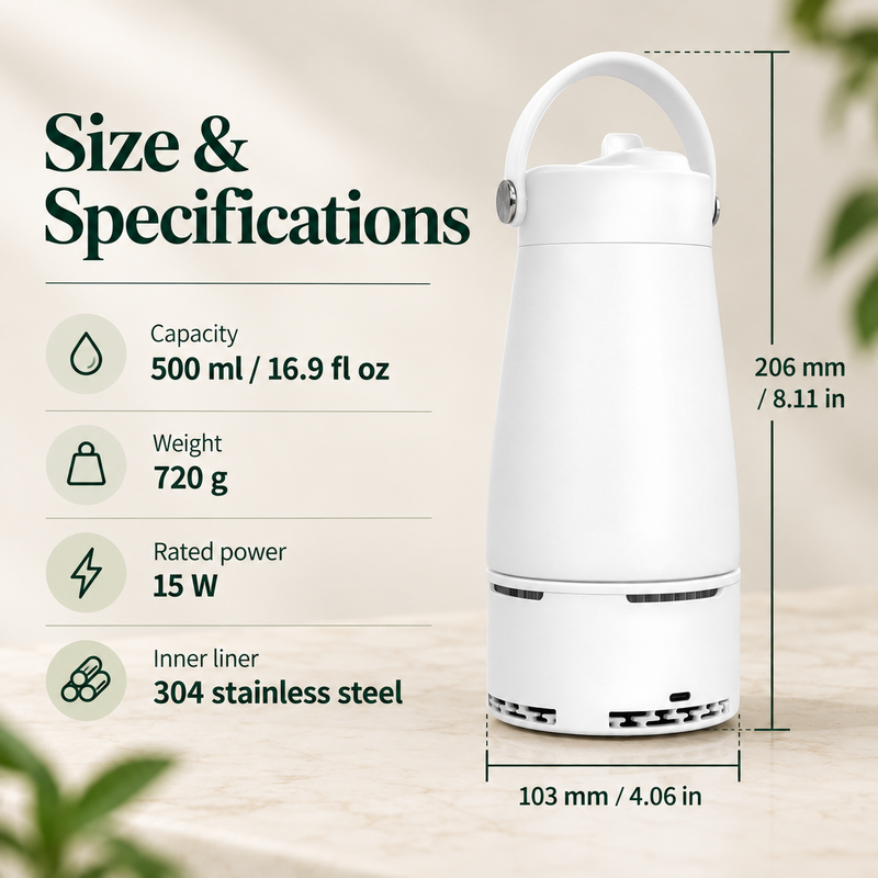 500ml cup specifications: 103 by 206mm, 720g, 15W and 304 stainless steel liner