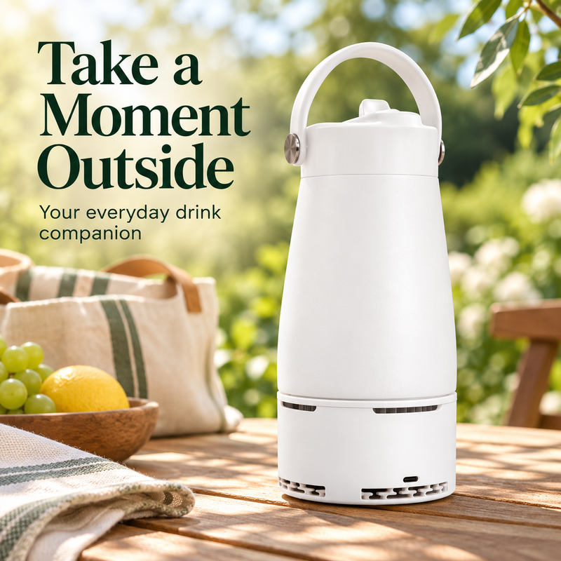 Yozcoffee white 500ml cup with carry handle on an outdoor picnic table
