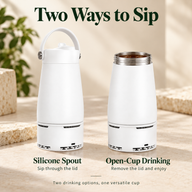 Two views of one cup showing silicone spout drinking and open-cup drinking