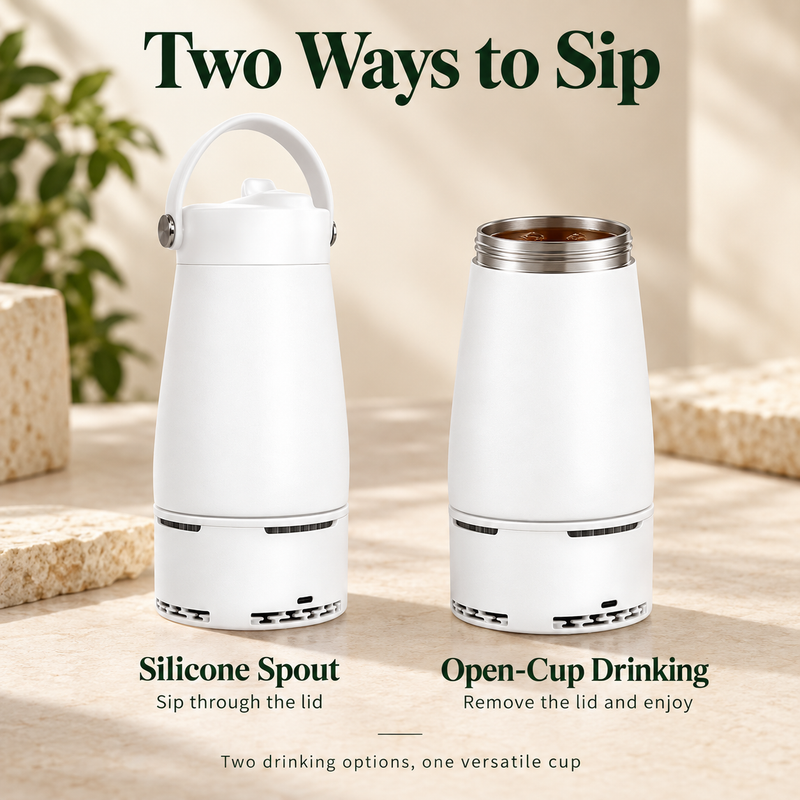 Two views of one cup showing silicone spout drinking and open-cup drinking