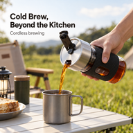 Cordless cold brew coffee maker pouring coffee from its flip-open lid into a mug outdoors