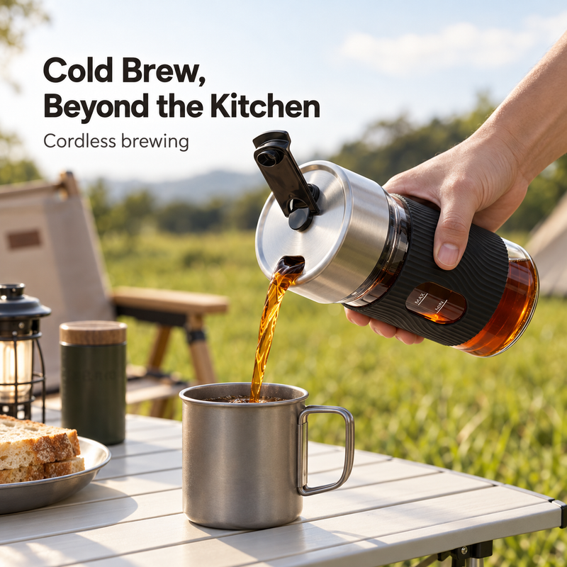 Cordless cold brew coffee maker pouring coffee from its flip-open lid into a mug outdoors