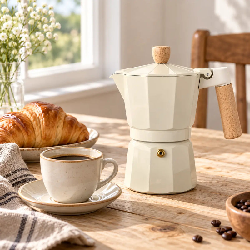 Cream moka pot and coffee on a sunlit breakfast table
