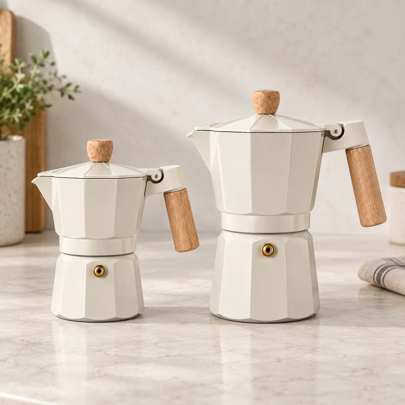 150ml and 300ml cream moka pots shown side by side