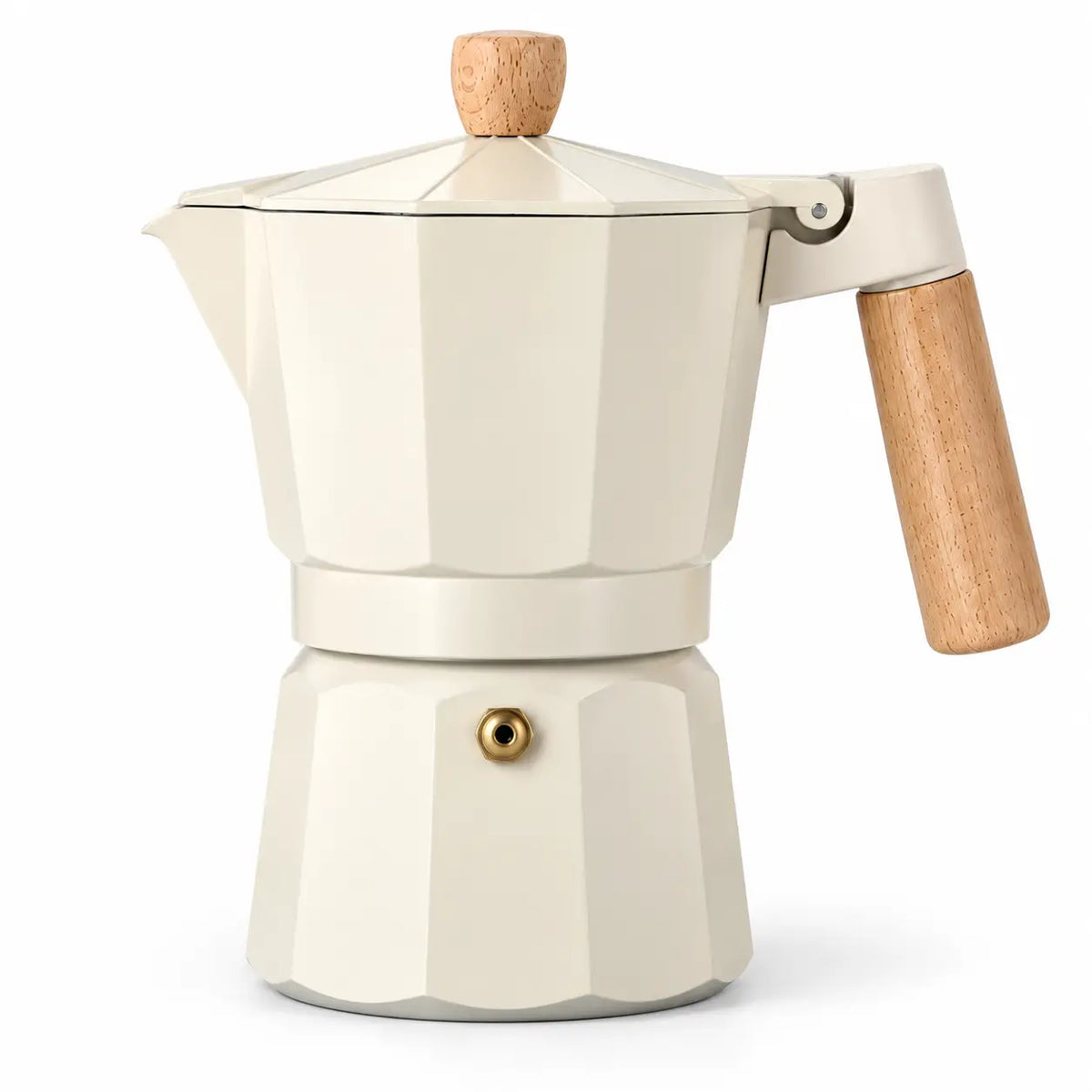 Cream octagonal moka pot with wood-look handle on white background