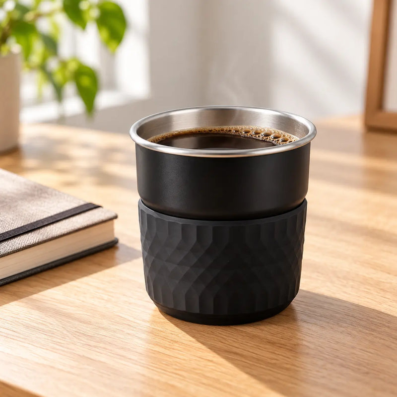木のデスクに置いたコーヒー入りブラックの300mlステンレスカップ