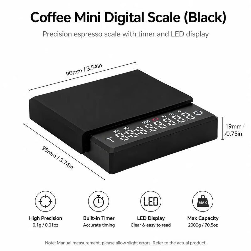 Coffee Scale with Timer 2kg Digital Rechargeable Black/White: feature details build callout