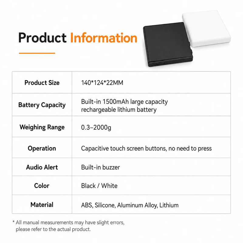 Coffee Scale with Timer 2kg Digital Rechargeable Black/White: information