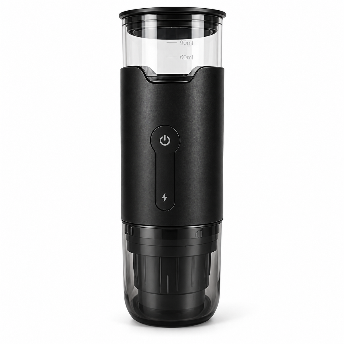 Yozcoffee DK-818 black portable electric espresso maker with clear 90 ml water chamber and smoke-gray cup on white