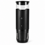 Yozcoffee DK-818 black portable electric espresso maker with clear 90 ml water chamber and smoke-gray cup on white
