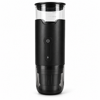 Yozcoffee DK-818 black portable electric espresso maker with clear 90 ml water chamber and smoke-gray cup on white
