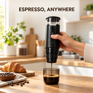 DK-818 portable espresso maker brewing coffee into its smoke-gray cup in a kitchen