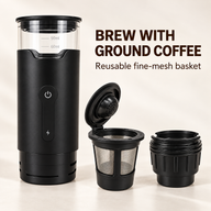 DK-818 removable fine-mesh ground coffee basket and capsule holder beside the brewer