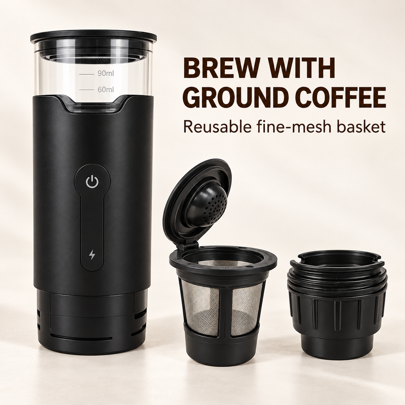 DK-818 removable fine-mesh ground coffee basket and capsule holder beside the brewer