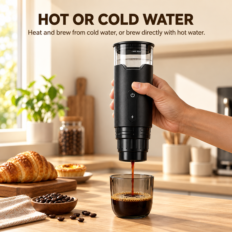 DK-818 portable espresso maker brewing with hot or cold water