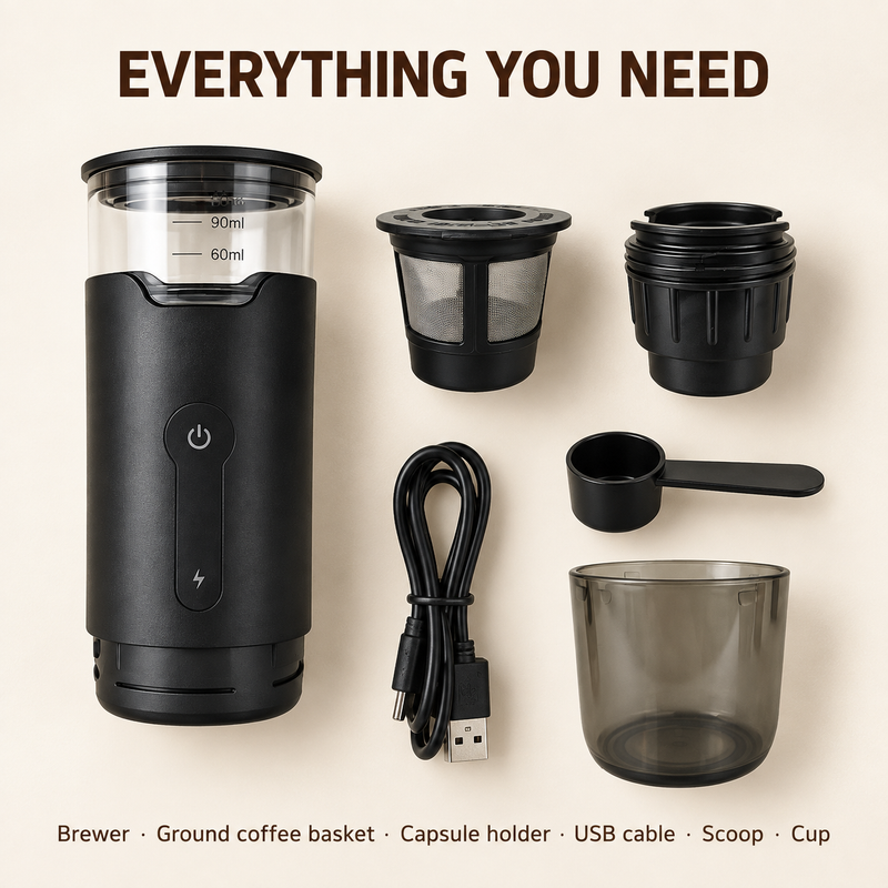 DK-818 kit with brewer, ground coffee basket, capsule holder, USB cable, scoop and cup