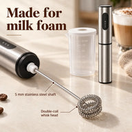 Close-up of the Yozcoffee double-coil stainless steel whisk head and 5 mm shaft