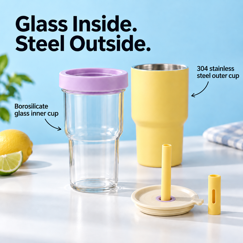 Double-Cup Straw Tumbler – 590/600ml, Glass & Stainless Steel - immagine del prodotto
