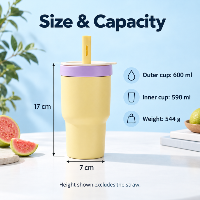 Double-Cup Straw Tumbler – 590/600ml, Glass & Stainless Steel - immagine del prodotto