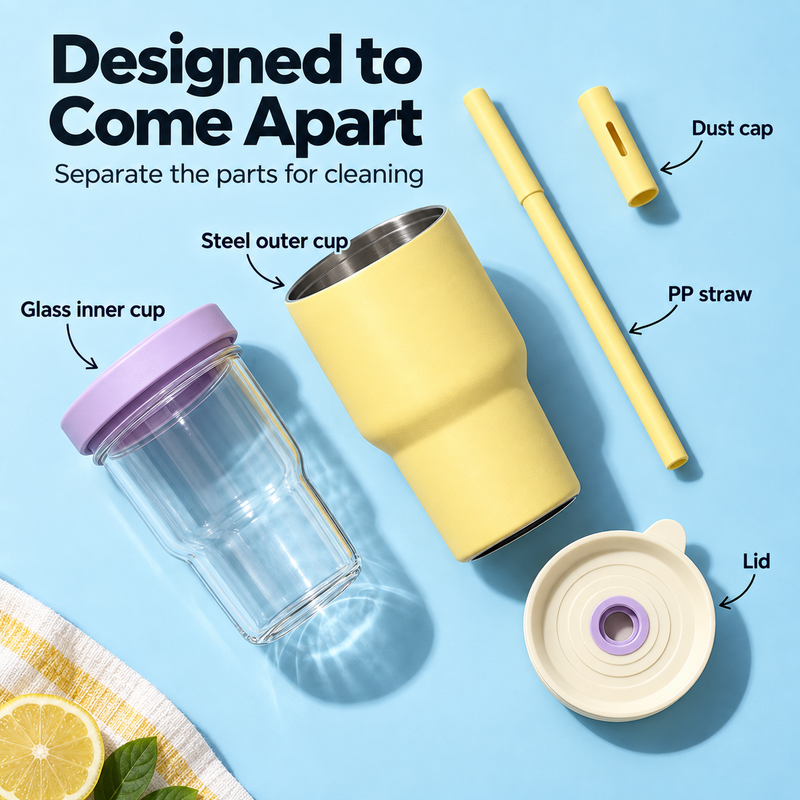 Double-Cup Straw Tumbler – 590/600ml, Glass & Stainless Steel - immagine del prodotto