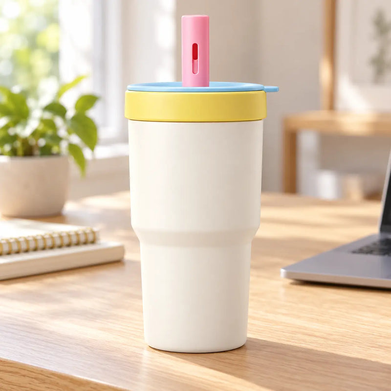 Cream and yellow double-cup straw tumbler on a bright home office desk