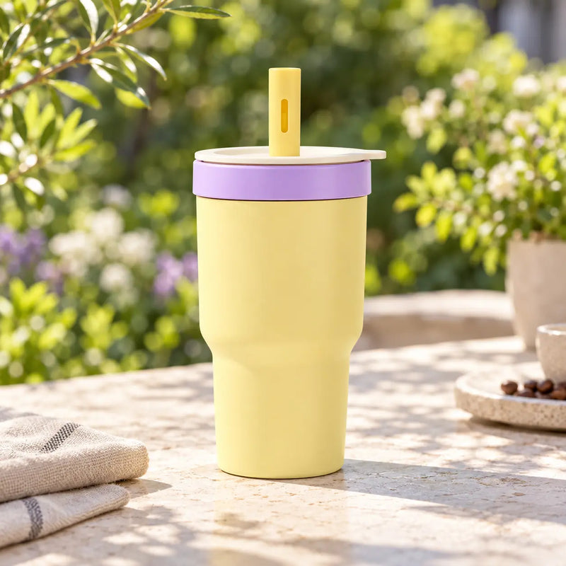 Butter yellow double-cup straw tumbler on a sunny garden table