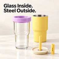 Removable borosilicate glass inner cup and yellow stainless steel outer cup