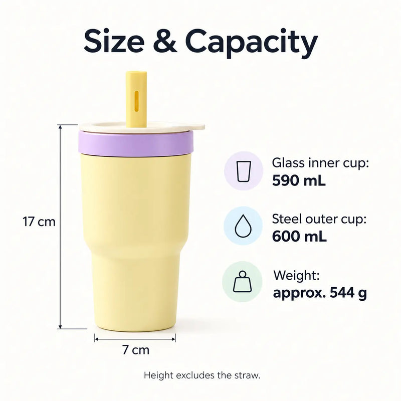 Glass straw tumbler dimensions: 17 cm (6.7 in) high excluding straw, 7 cm (2.8 in) base, 590 ml (20 oz) glass inner cup