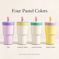 Double-cup straw tumbler in Lilac, Cream and Yellow, Cream and Green, and Butter Yellow