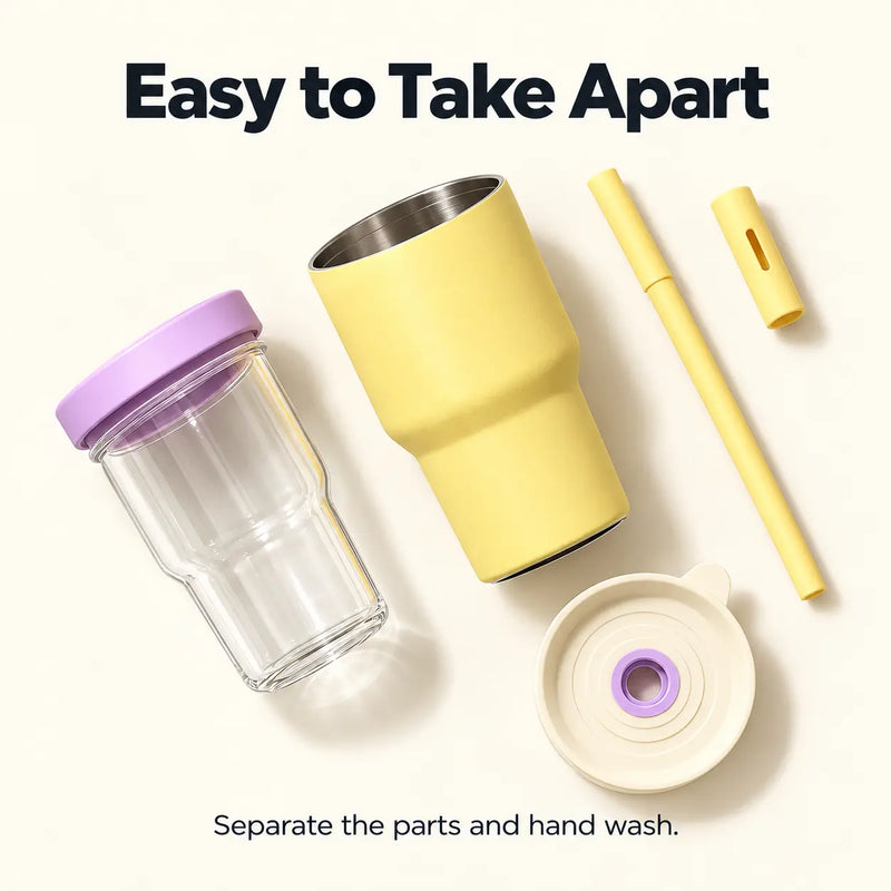 Disassembled glass insert steel outer cup lid straw and dust cap for hand washing
