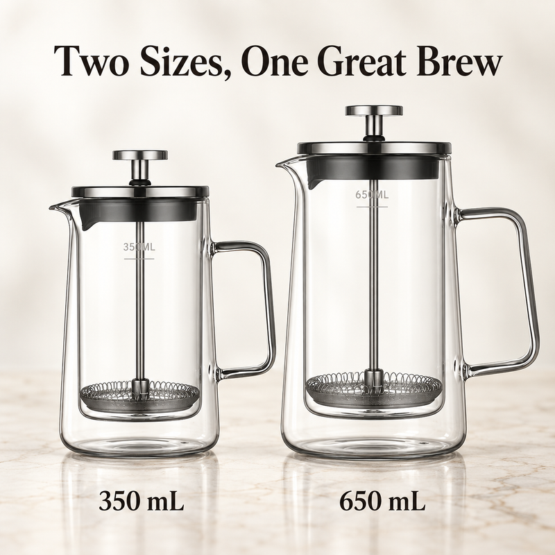 Yozcoffee 350 mL and 650 mL graduated double-wall glass French presses side by side