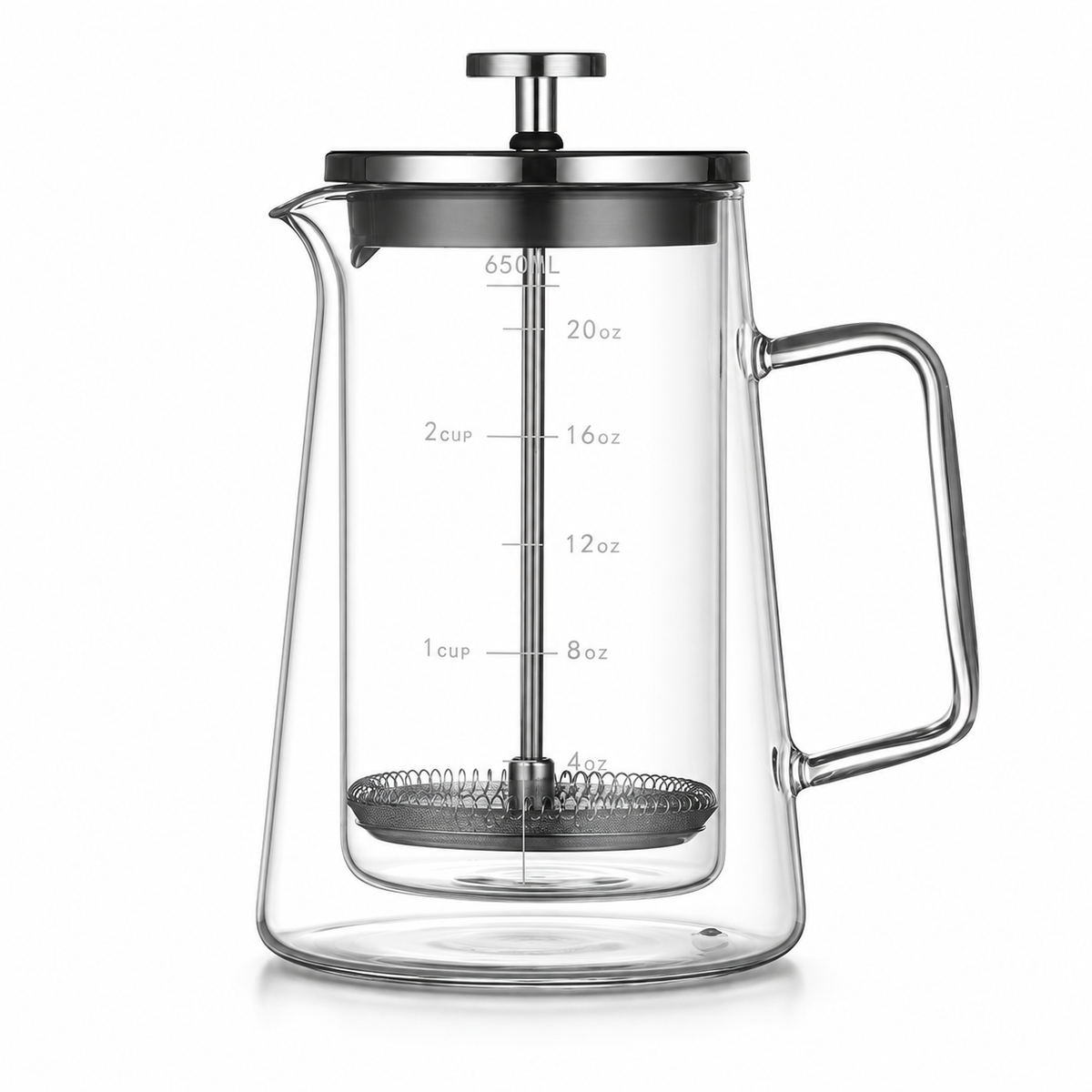 Yozcoffee 650 mL graduated double-wall glass French press on a white background