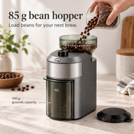 Beans poured into the 85 g hopper above the removable 100 g grounds container