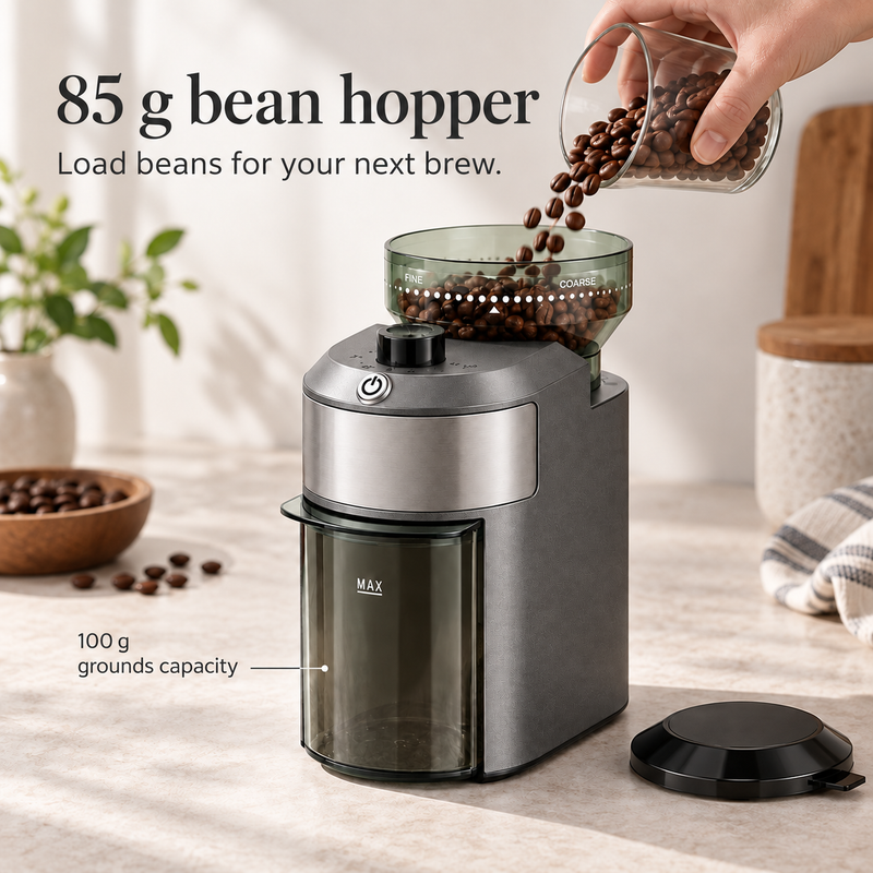 Beans poured into the 85 g hopper above the removable 100 g grounds container