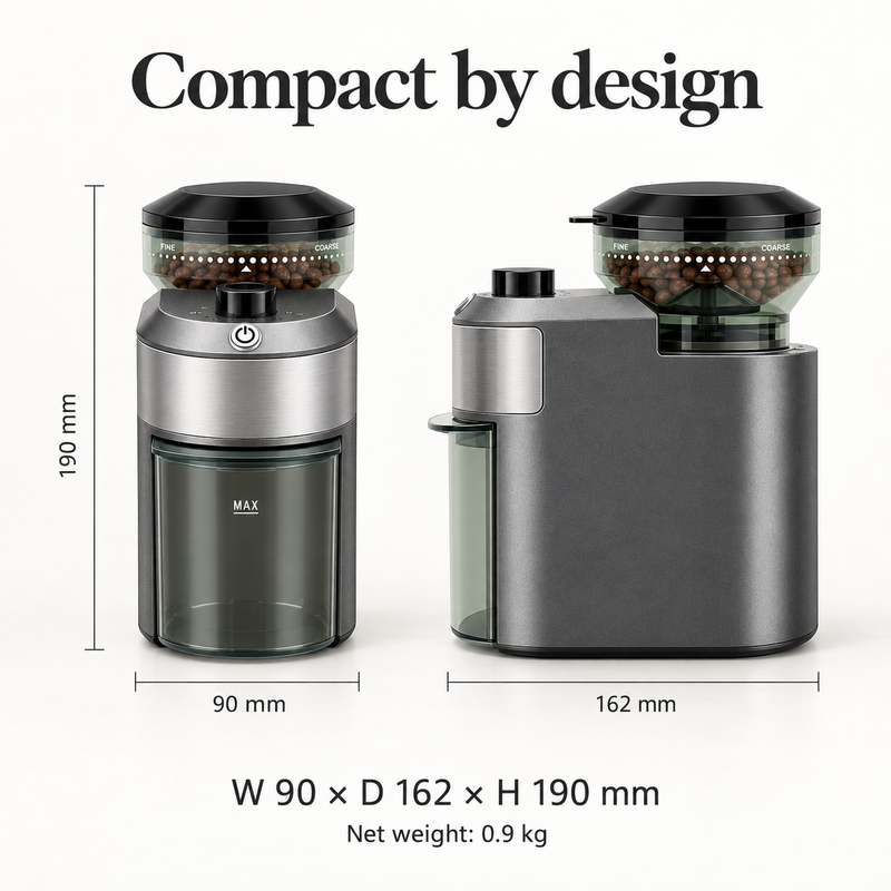 Coffee grinder front and side dimensions: 90 mm wide, 162 mm deep and 190 mm high