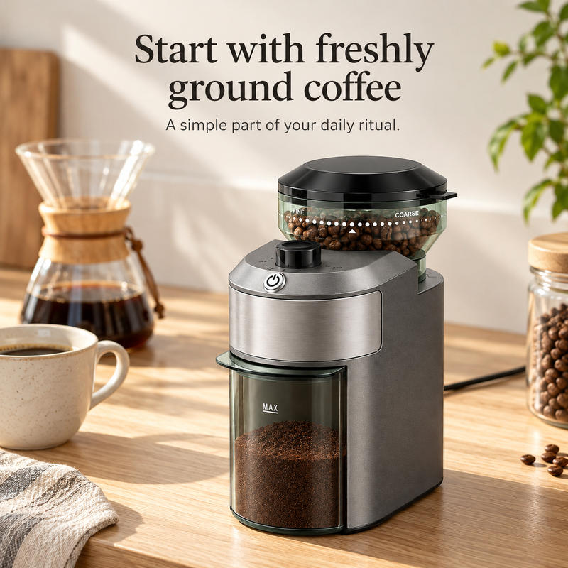 Electric burr coffee grinder on an oak kitchen counter beside pour-over coffee